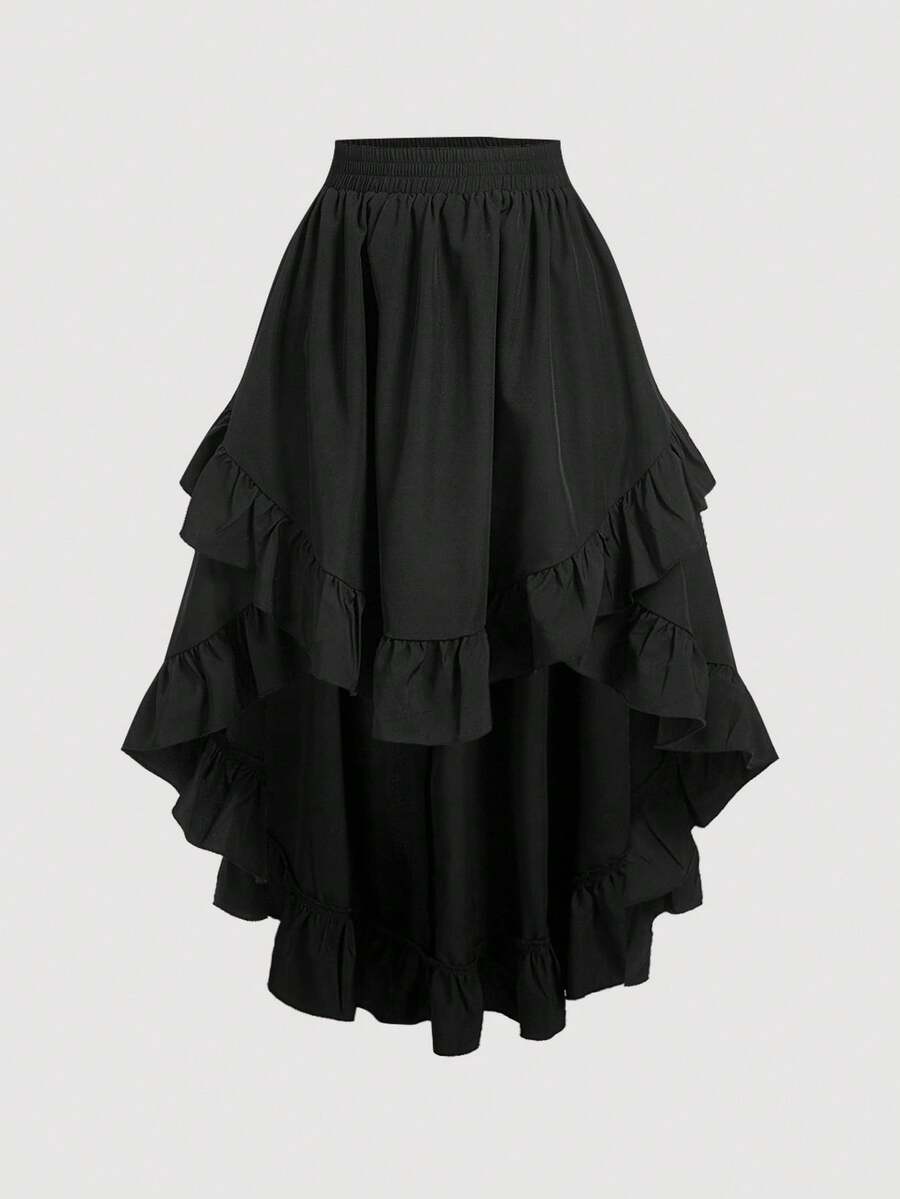 SHEIN MOD Plus Size Women's Black Ruffles Hem Skirt, Vintage Black Layered Skirt