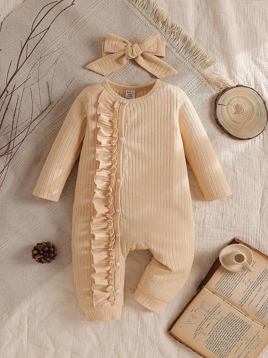 SHEIN Vintaside Kids 婴儿休闲可爱荷叶边长袖连体衣及发带套装,秋冬款 - 卡其色 - 查看 1