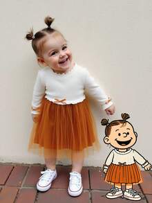 SHEIN Váy bé gái cổ tròn tay bồng có nơ eo, viền bèo nhún, phù hợp cho dịp lễ Halloween/thu - màu nâu - Xem 3