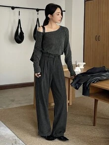 DAZY Quần ống đứng kẻ caro dáng rộng cho nữ, phù hợp mặc đi làm, đi làm văn phòng vào mùa thu đông - Màu xám đen - Xem 5