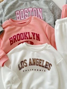 SHEIN 6件套女婴可爱字母印花长袖卫衣和松紧腰裤，秋冬 - 彩色 - 查看 3