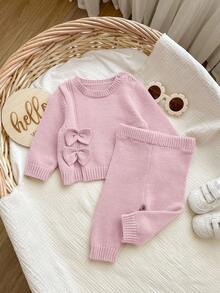 SHEIN Newborn Baby Girl Cute Autumn/Winter Casual Pink Bow Sweater & Elastic Waist Pants 2-Piece Set Fall