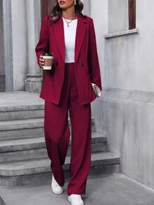 EMERY ROSE 女士纯色翻领长袖双排扣夹克和裤子休闲套装，秋季勃艮第西装女士西装外套套装女士西装勃艮第裤子女士西装正式女士西装