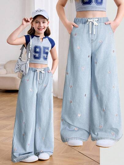 Tween Girl Fashion Casual Y2k Vintage Cool Street Returns To School College Elastic Waistband Drawstrings And Blue Pink Heart-Shaped Embroidered Patterns Loose Denim Jeans For Soft Dailywear And Summer And Rave Festival And Streetwear Baggy Star Jeans School