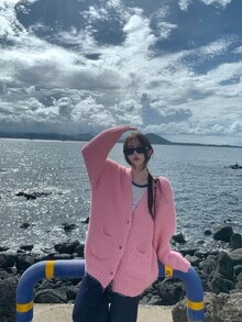 DAZY Women's Solid Color V-Neck Casual Long Sleeve Cardigan, Autumn/Winter School - Pink - View 11