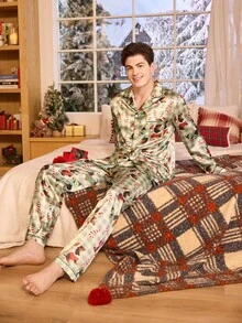 CoupledUp 情侣款可爱舒适休闲圣诞狗狗格子图案前开襟上衣和裤子男士睡衣套装真丝睡衣圣诞睡衣套装情侣睡衣套装节日睡衣情侣睡衣，秋冬服装 - 綠色 - 查看 5