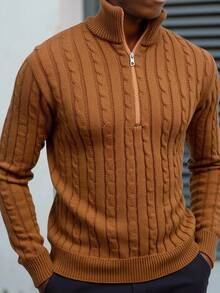 NEOSTRIT Sweater Kasual Rajut Kabel Ukuran Besar Pria, Model Seperempat Resleting, Musim Gugur/Musim Dingin, Lengan Panjang - Coklat - View 4