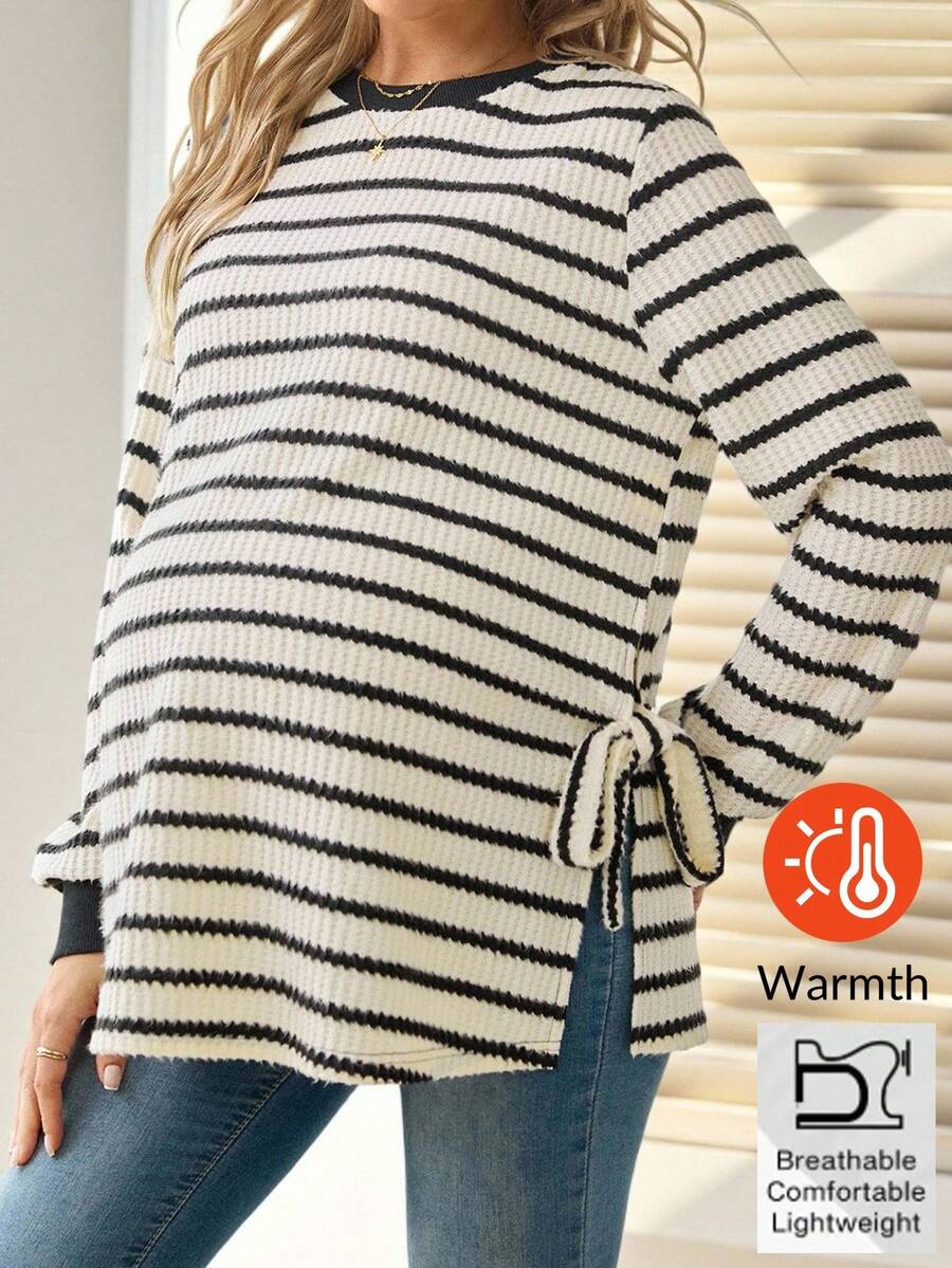 SHEIN 孕妇撞色条纹圆领长袖运动衫 - 黑與白 - 查看 1