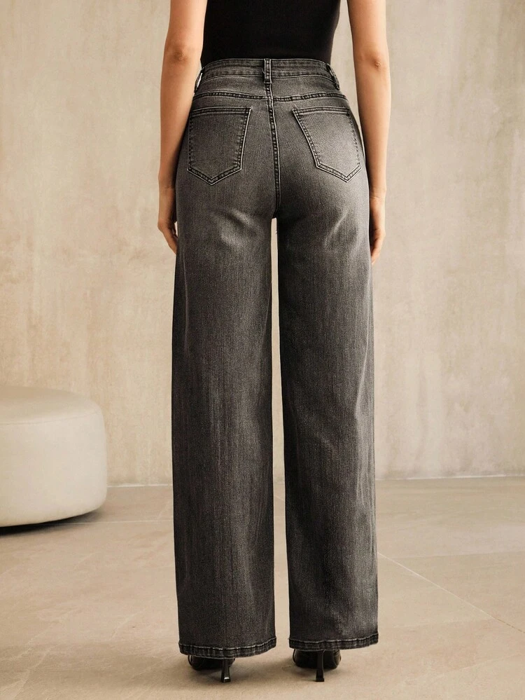 Street Style Floral Embroidered Black Straight Leg Jeans For Women