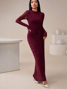 Veilorie Women's Solid Color Stand Collar Long Sleeve Pleated Fitted Elegant Mesh Arabic Dress Burgundy - Burgundy - View 6