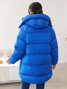 EURMUSE Zip Up Snap Button Hooded Puffer Coat - Blue - View 2
