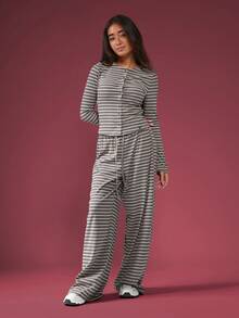 SUMWON Ribbed Knit Striped Co-Ord Two Piece Set Long Sleeve Crop Top Wide Leg Pants Wear Casual Fall Winter Outfit