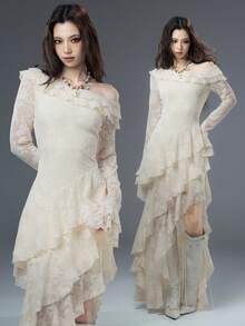 Bloopia波西米亚风优雅浪漫收腰显瘦女装秋冬万圣节精致提花不对称下摆露肩长袖连衣裙 - 杏色 - 查看 1