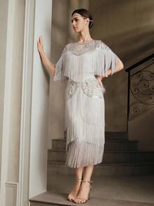 Anewsta Women's Fashion New Hot-Selling Heavily Beaded Patchwork Tassel Elegant Party Evening Suit - Grey - View 6