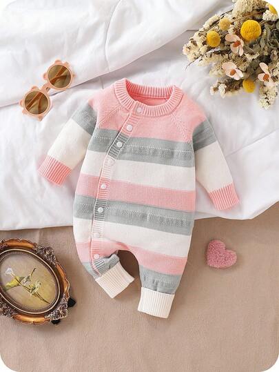 SHEIN Vintaside Kids 女婴时尚可爱条纹长袖针织连体衣