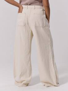 MUSERA 对比色缝线阔腿中腰牛仔裤，优雅可爱性感街头风，适合夜间外出穿着，曲线优美 - 奶油色 - 查看 4