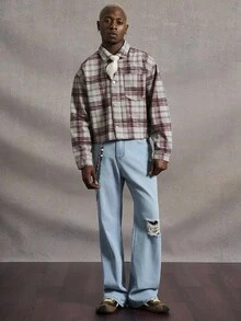 Manfinity Roghcode Men's Plaid Long Sleeve Denim Jacket & Distressed Jeans Set,Light Blue,Autumn,Streetwear,City Break,Back-To-School Single-Breasted Loose Wide Leg Suit - Multicolor - View 5