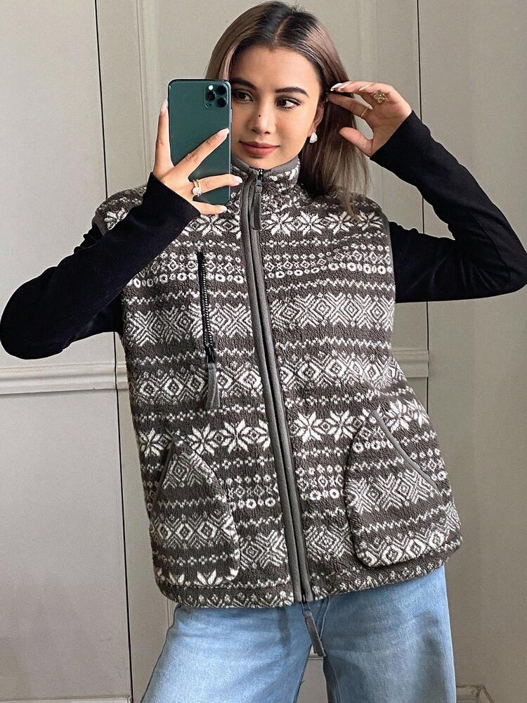 Floral Print Vintage Fleece Sleeveless High Collar Zip-Up Drawstring Pocket Casual Street Jacket For Women, Autumn/Winter Vest