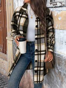 SHEIN LUNE Women's Casual Long Sleeve Plaid Shirt-Style Coat Flannel Jacket Women Plaid Shirt Jacket Women Fall Jackets Women Women Plaid Shirts Plaid Shacket Flannels For Women Plaid Button Up Plaid Shirt Women Fall Women Clothes Women Plaid Coat - Black - View 1