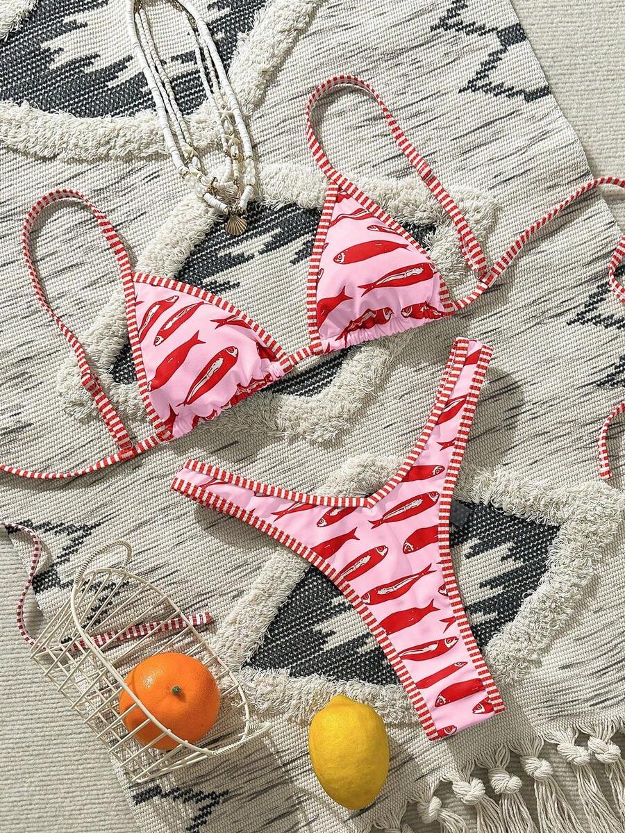 Swim Mod Bikini de triángulo sexy para mujer, traje de baño casual de 2 piezas con estampado de peces, estilo europeo y americano para playa y vacaciones - Multicolor - Ver 1