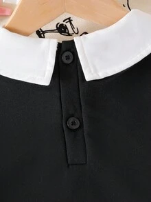 SHEIN 2pcs/Set Young Girls School Style Sweatshirt With Pleated Skirt, Black Collar Sweatshirt With Letter Print, Pink Pleated Skirt Fall Winter - Black - View 3