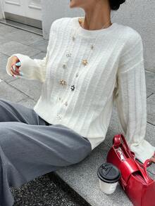 Chiquease Women's Apricot Crew Neck Ribbed Minimalist Chic Pullover Sweater - Apricot - View 7