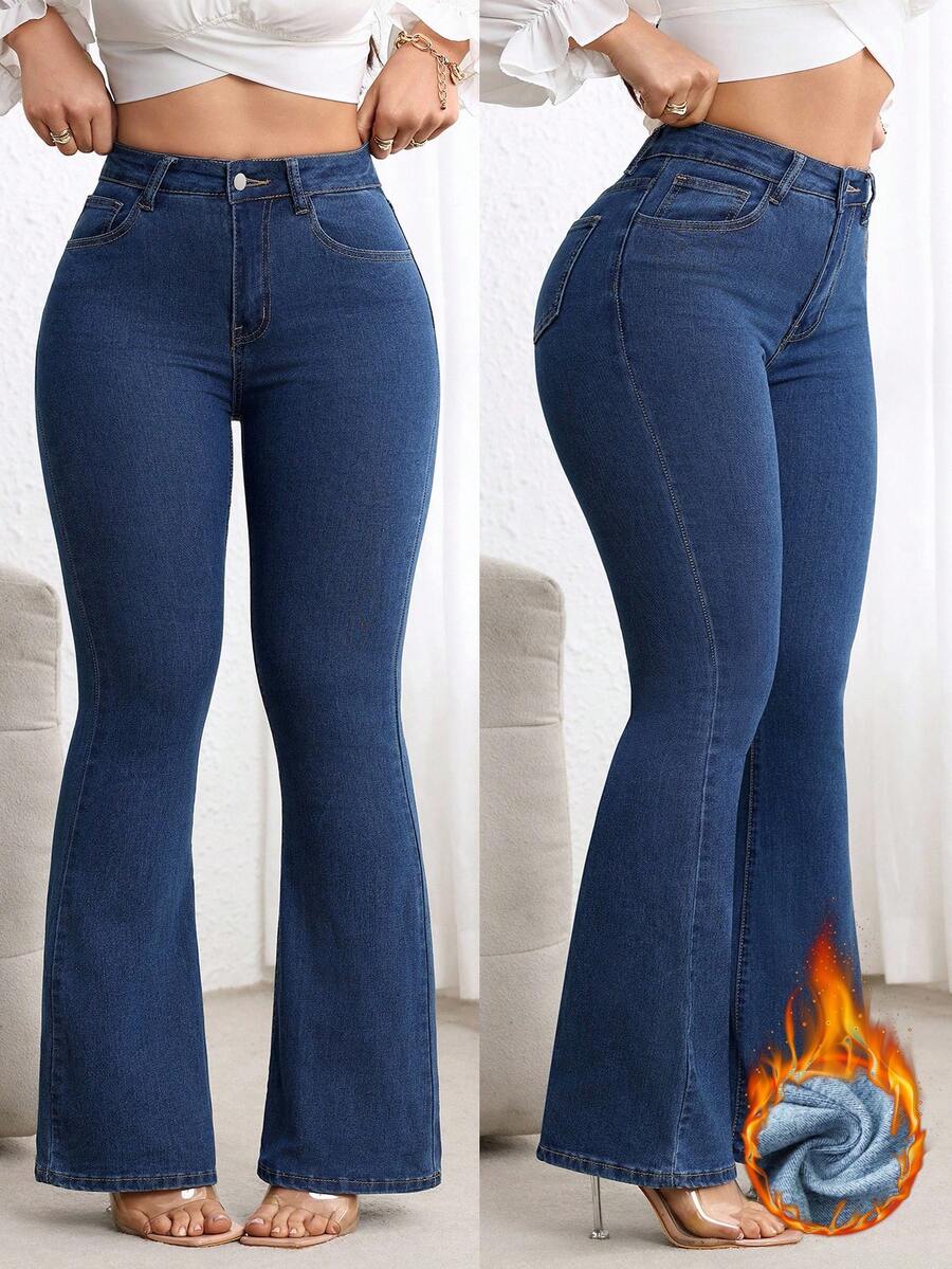 Flexra Quần jean ống loe cạp cao ôm vừa vặn cỡ lớn màu xanh đậm giặt máy - Rửa tối - Xem 1