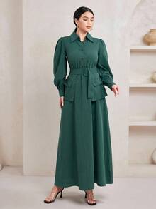 Veilorie Waist Sash Decor Shirt Collar Lantern Sleeve Long Sleeve Women's Long Dress - Green - View 4
