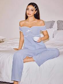 SHEIN 2 件套棉质条纹舒适蕾丝露肩睡衣套装，适合女士，INS 休闲 Y2K 简约时尚，秋季 - 藍白色 - 查看 3