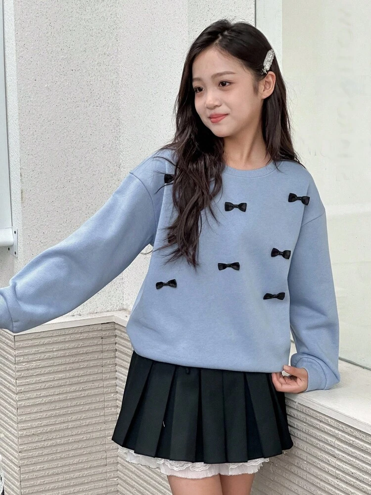 Tween Girls Round Neck Knitted Fleece Sweatshirt With Bow Decor