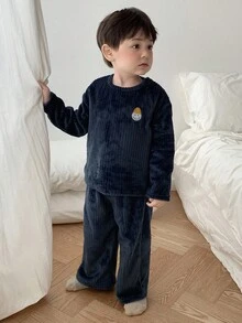 DAZY 2pcs/Set Baby Boys' Comfortable Casual Homewear Set, Round Neck Fall,Winter Thermal Lined Toddler - Navy Blue - View 4