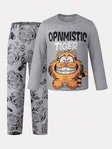 2 件套青少年男童灰色虎纹印花长袖上衣和裤子休闲睡衣套装