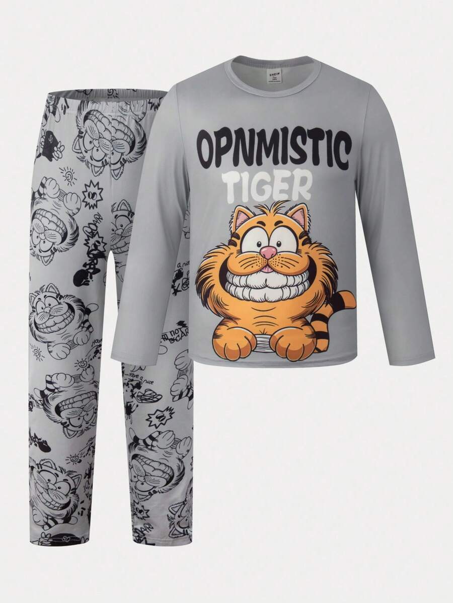 2 件套青少年男童灰色虎纹印花长袖上衣和裤子休闲睡衣套装