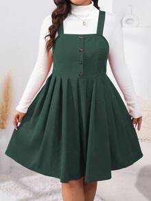 EMERY ROSE Plus Size Women Solid Color Button Half Placket Casual Strap Dress, Autumn - Dark Green - View 3
