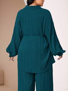 Veilorie 2pcs Plus Size Casual Solid Color Textured Long Sleeve Shirt And Pants Set, Autumn 2 Pieces Set - Teal Blue - View 4
