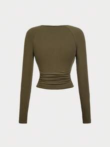 SHEIN MOD Ruched Scoop Neck Fitted Long Sleeve T-Shirt, Military Green, Cowl Neck Top - Army Green - View 2