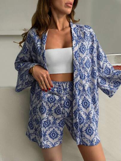 EURMUSE Ensemble casual ample femme avec kimono à manches 3/4 et short imprimé floral pour vacances