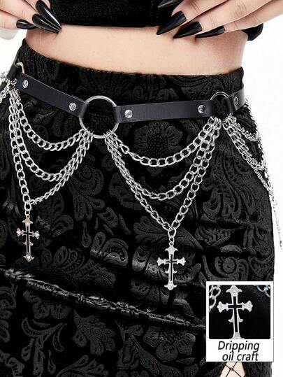 Goth 1pc Women's Black Hollow Star & Circle Decor Chain Belt, Punk Style Decoration For Daily Dress