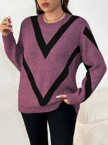 Elenzga Plus Size Women Casual Fashionable Slimming Round Neck Long Sleeve Jacquard Knit Pullover Sweater, Autumn/Winter - Red Violet - View 4