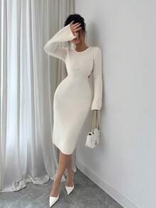 Selianne Women's Hollow Out Waist Bodycon Sweater Dress - Cream - View 5