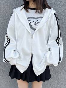 FRIFUL 女式白色宽松连帽衫，带蝴蝶结，春季夹克，拉链，秋冬 - 白色 - 查看 7