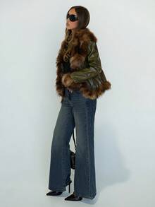 SHEIN ICON 女式秋冬保暖性感辣妹都市现代时尚前卫简约个性酷炫复古千禧风格 Y2K 拼接皮草大翻领修身绿蜡皮人造皮草大衣，秋季 - 綠色 - 查看 4