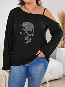 EMERY ROSE 大码女式休闲水钻骷髅印花宽松长袖 T 恤，适合春秋季节