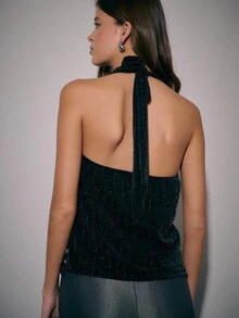 Nöista Black Halter Neck Top With Fine Pinstripe Detailing And Draped Neckline;An Elegant Suited To Chic Evening Wear, Formal Tops Refined Party Looks - Black - View 3