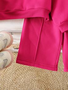 SHEIN 2pcs Baby Girl Fleece Sweatshirt & Pants Set, Embroidered Letter Design, Suitable For Outdoor And Indoor Wear, Autumn/Winter Fall - Hot Pink - View 3
