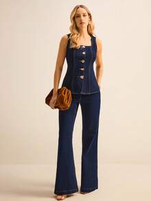 Daynim 女式休闲金属单排扣方领无袖牛仔上衣 - 深色水洗藍 - 查看 6