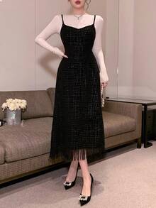 DAZY Women's Plaid Fabric Fringed Strap Maxi Elegant Dress Prom Dress