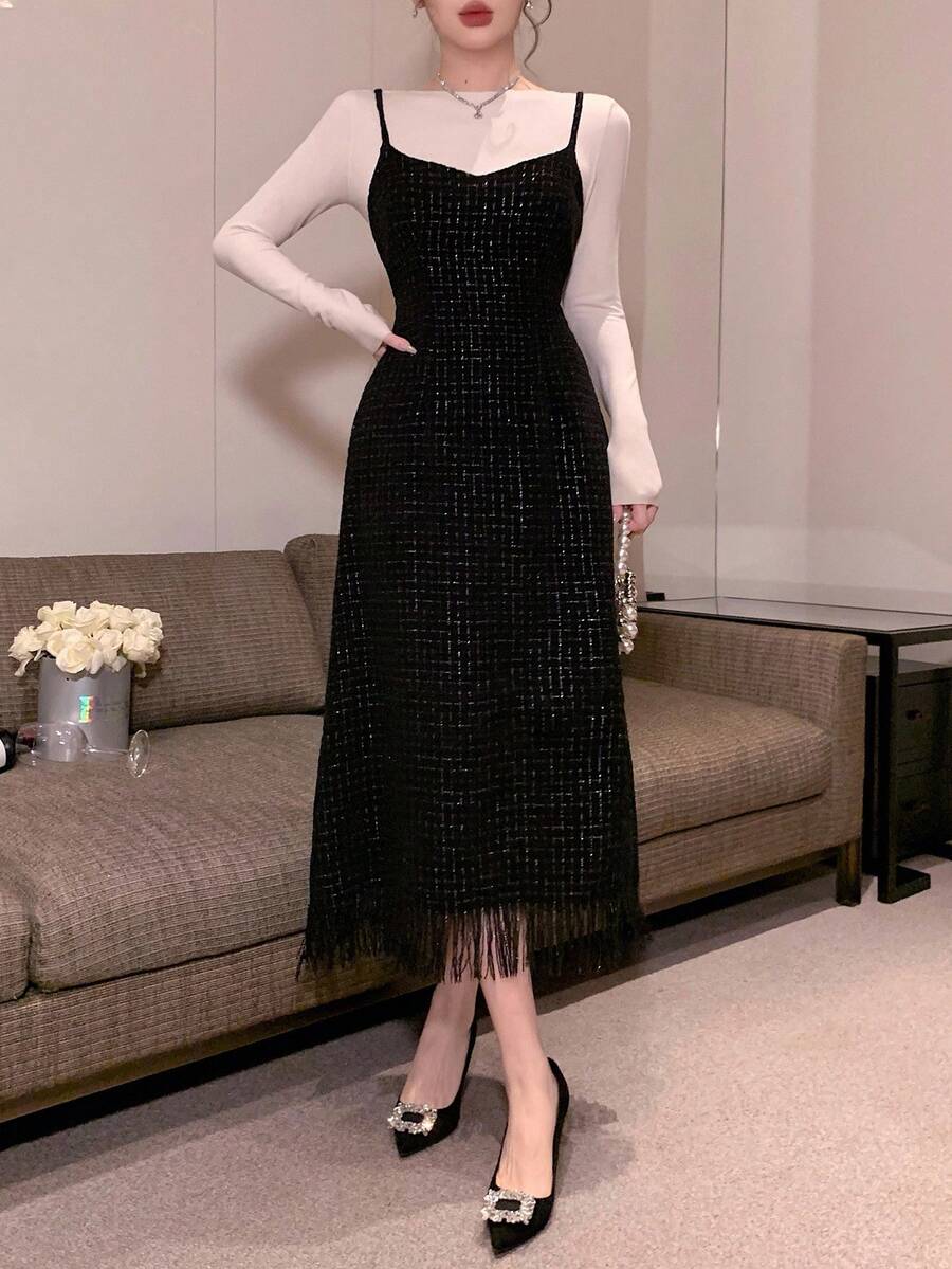 DAZY Women's Plaid Fabric Fringed Strap Maxi Elegant Dress Prom Dress