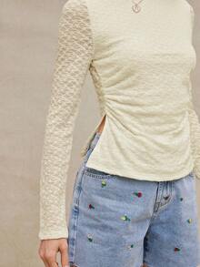 WESTFADE Western Cowgirl Lace Boatneck Ruched Split Side Semi Sheer Fitted Long Sleeve T-Shirt Spring Break - Apricot - View 2