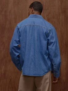 Musero Men Oversized Long Sleeve Button Through Denim Shirt , Fall/Spring Summer - Blue - View 2